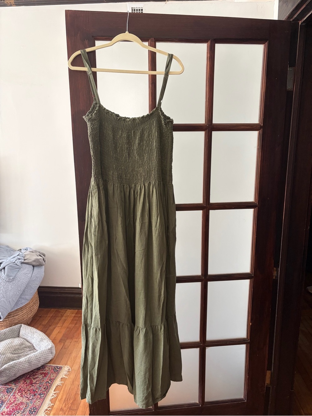 Sotela Olive Green Maxi Dress with Smocked Bodice